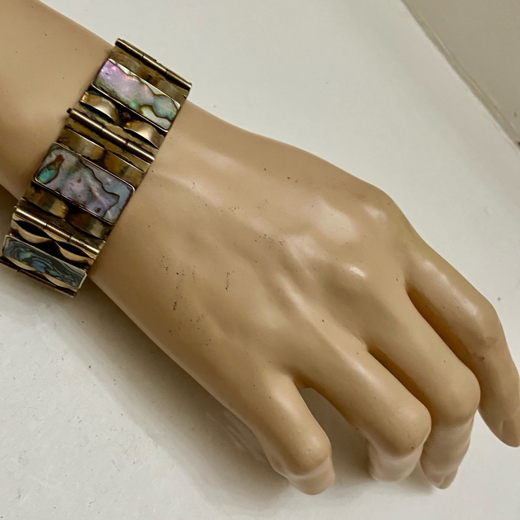 Vintage, 1940s Silver- Abalone Alpaca Mexico Bracelet 8in X 1in